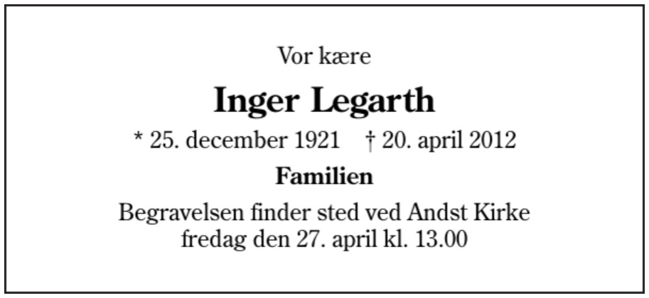 Inger Knudsen Legarth - 1921-2012.