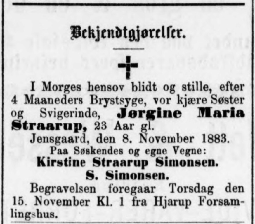 Jørgine Marie Straarup død 23 år gammel.