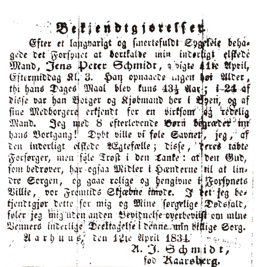 Bekendtgørelse om Købmand Jens Peter Schmidt's død, 1834.